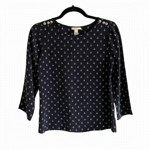 J. CREW Silk Popover Blouse Anchor Nautical Print Navy Blue White 0